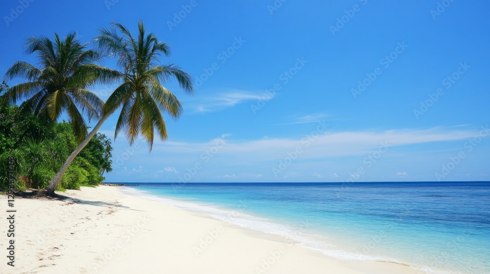 Beautiful beach with white sand and palm trees on the left side of the frame. The blue sky is clear, and there's a calm sea in front of it Beautiful beach with white sand and palm trees on the left side of the frame. The blue sky is clear, and there's a calm sea in front of it