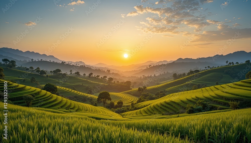 Naklejka premium A view of verdant rice terraces with a golden sunset in the distance