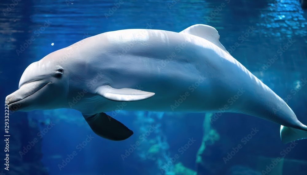 Obraz premium Enchanting Encounter with a Beluga Whale in an Aquarium, Winters Chill Casting a Mystical Glow as it Frolics beneath the Blue Lights.