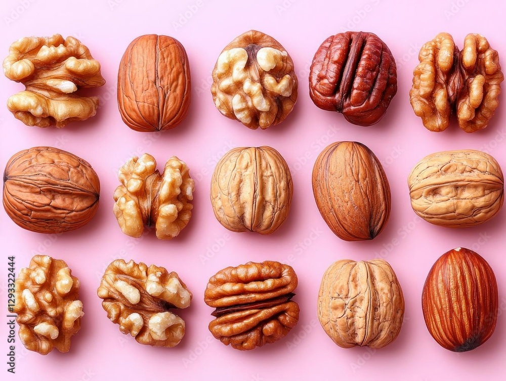Assortment of walnuts pecans and other nuts on pink Assortment of walnuts pecans and other nuts on pink