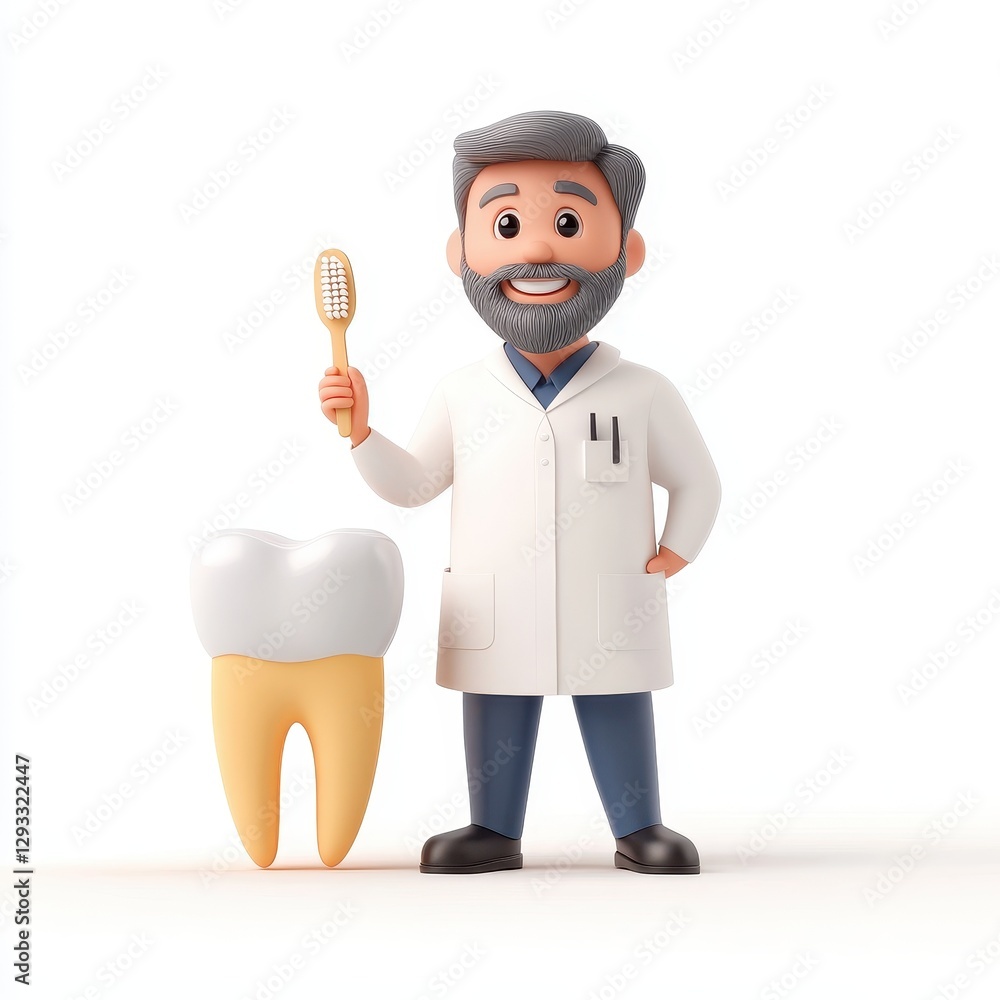 A cheerful cartoon dentist holds a toothbrush beside a large tooth model, promoting dental health and hygiene.