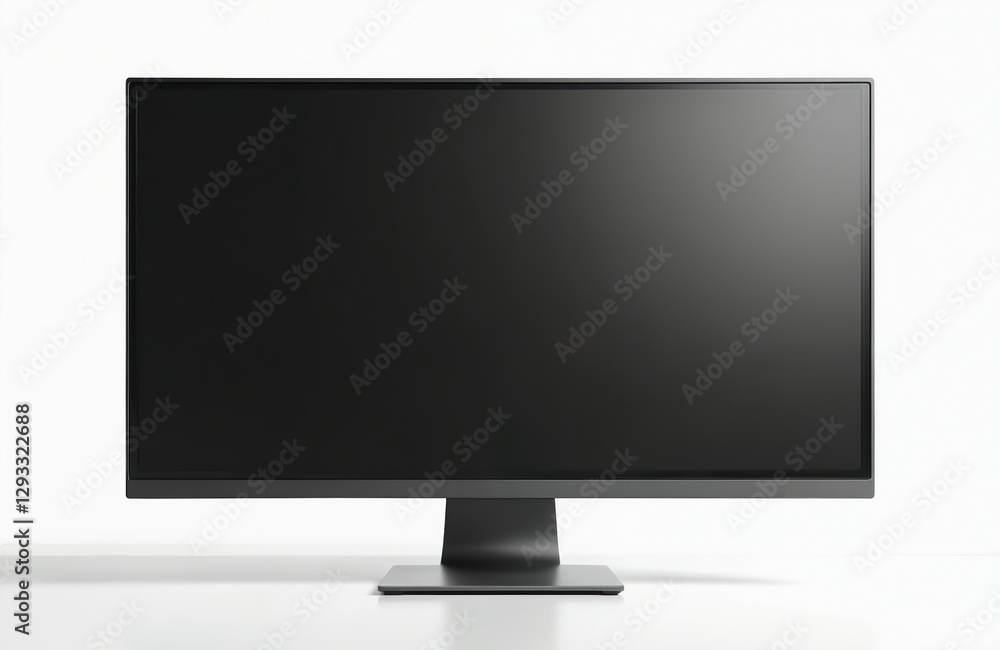 Black computer monitor on white background. Electronic device with empty blank display screen. Modern tech hardware with minimalist design, for office, work, business, and creative purposes. Top view. Black computer monitor on white background. Electronic device with empty blank display screen. Modern tech hardware with minimalist design, for office, work, business, and creative purposes. Top view.