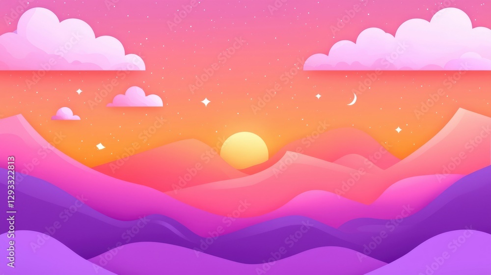 Pink and Purple Mountain Sunset with Clouds and Stars Pink and Purple Mountain Sunset with Clouds and Stars