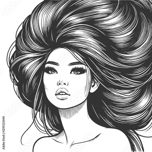 Asian woman with striking voluminous hair, showcasing elegance, beauty, and timeless fashion sketch engraving generative ai vector illustration. Scratch board imitation. Black and white image.
