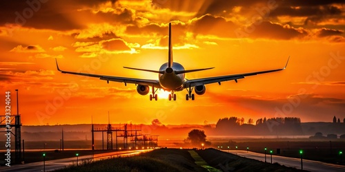 Silhouette of Airplane Landing at Lisbon Airport at Sunset photo