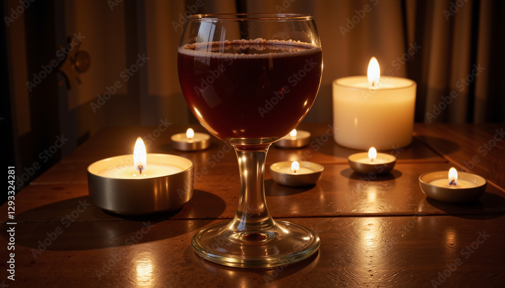 Glass with dark wine surrounded by candles on wooden table, Easter Glass with dark wine surrounded by candles on wooden table, Easter