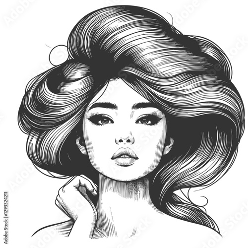 Asian woman with striking voluminous hair, showcasing elegance, beauty, and timeless fashion sketch engraving generative ai vector illustration. Scratch board imitation. Black and white image.