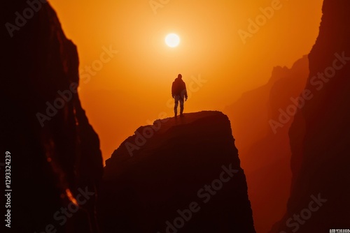 Lone figure on cliff edge at sunset in vast canyon photo