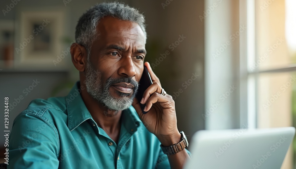 Mature African businessman talks mobile phone in office. Senior entrepreneur discusses business, order, booking call. Man chat mobile conversation remotely. Communication tech workplace. Work from Mature African businessman talks mobile phone in office. Senior entrepreneur discusses business, order, booking call. Man chat mobile conversation remotely. Communication tech workplace. Work from