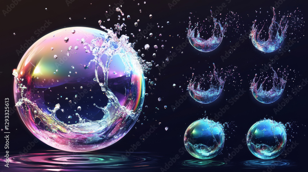 Soap bubble burst sprites for game or animation. Vector storyboard of realistic water sphere explosion with splash and drops. Set of sequence explode of glossy rainbow bubble Soap bubble burst sprites for game or animation. Vector storyboard of realistic water sphere explosion with splash and drops. Set of sequence explode of glossy rainbow bubble