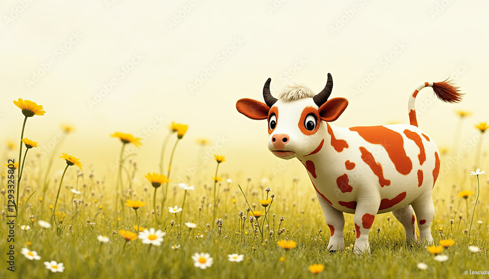 Cartoon Cow in Wildflower Field Cartoon Cow in Wildflower Field