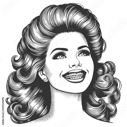 cheerful woman with voluminous curly hair, smiling brightly and showcasing braces, retro beauty with modern charm sketch engraving generative ai vector illustration. Scratch board. Black and white.