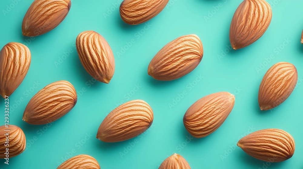 A handful of raw almonds spilling onto a clean, minimalistic surface, ideal for natural food design and wellness promotions, book illustration style A handful of raw almonds spilling onto a clean, minimalistic surface, ideal for natural food design and wellness promotions, book illustration style