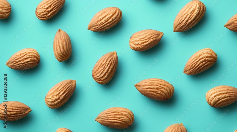 A handful of raw almonds spilling onto a clean, minimalistic surface, ideal for natural food design and wellness promotions, book illustration style A handful of raw almonds spilling onto a clean, minimalistic surface, ideal for natural food design and wellness promotions, book illustration style
