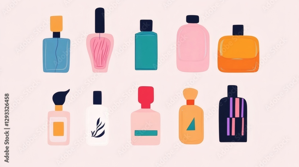 Various bottles displayed in a whimsical arrangement featuring colorful designs and shapes in a modern style Various bottles displayed in a whimsical arrangement featuring colorful designs and shapes in a modern style
