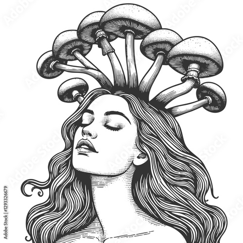 surreal illustration of woman with mushrooms growing from her head, nature, growth, and altered consciousness sketch engraving generative ai vector illustration. Scratch board. Black and white image.