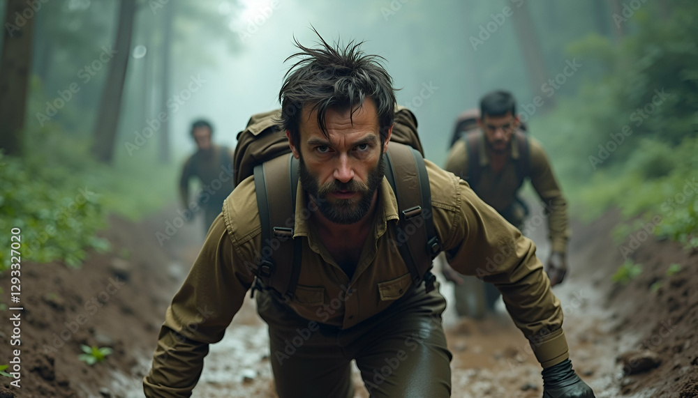 Fototapeta premium Men Advancing Through Dense Forest – Rugged Explorer Leading a Group Through Misty Wilderness, Crouching on a Rough Trail with Intense Focus and a Sense of Adventure
