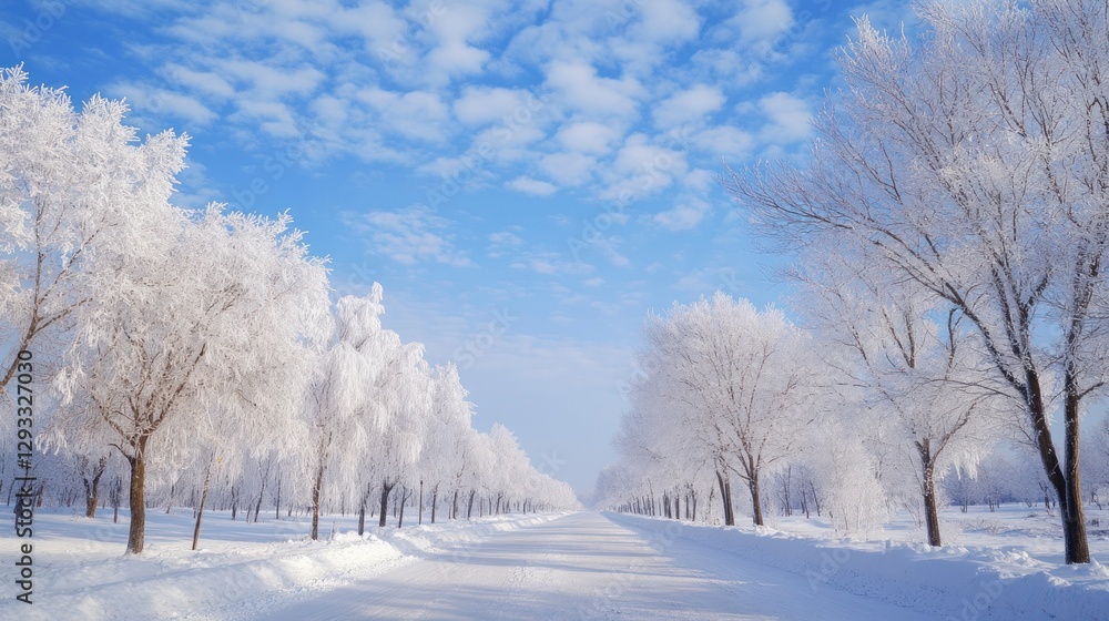 The trees in the snow-covered winter landscape were covered in rime, and the blue sky and white clouds beautiful. The trees in the snow-covered winter landscape were covered in rime, and the blue sky and white clouds beautiful.