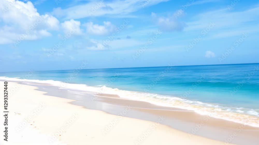 Serene beach scene with gentle waves lapping at the shore under a clear blue sky Serene beach scene with gentle waves lapping at the shore under a clear blue sky