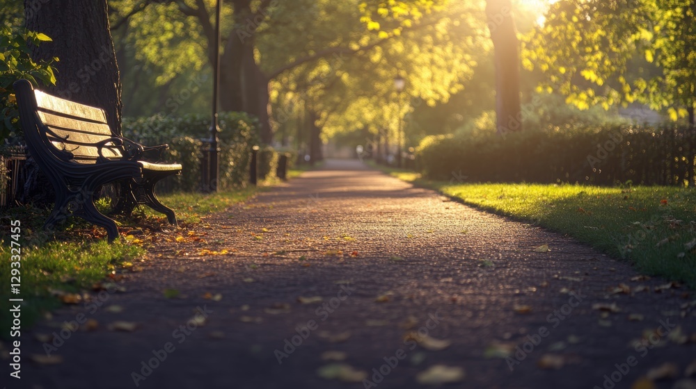 Fototapeta premium Park Bench on a Sunlit Pathway