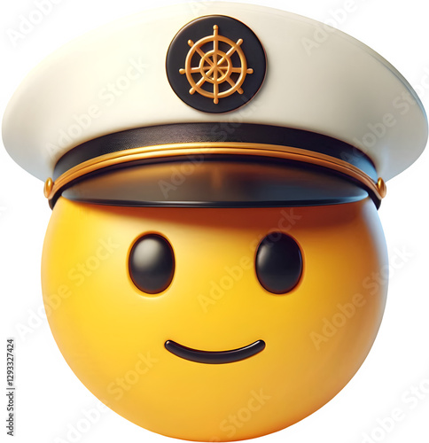 A cheerful emoji wearing a captain's hat, smiling brightly and embodying a fun nautical theme in a vibrant 3D style.