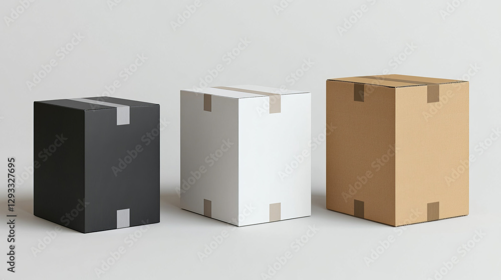 Cardboard parcel box for delivery vector icon. 3d isolated carton white, black and brown paper storage container set. Realistic render of simple blank deliver case for courier distribution in color Cardboard parcel box for delivery vector icon. 3d isolated carton white, black and brown paper storage container set. Realistic render of simple blank deliver case for courier distribution in color