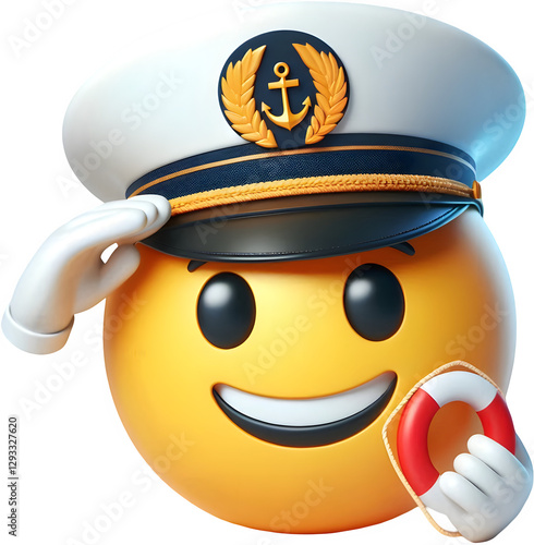 A cheerful captain emoji saluting while holding a life preserver, adorned with a stylish captain's hat and illustrated in a colorful, cartoonish style that conveys friendliness and adventure