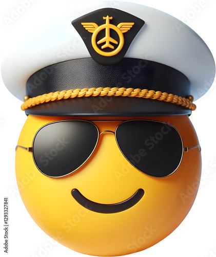 A cheerful captain emoji wearing stylish sunglasses and a captain's hat, radiating a sense of adventure and happiness in a vibrant, playful illustration