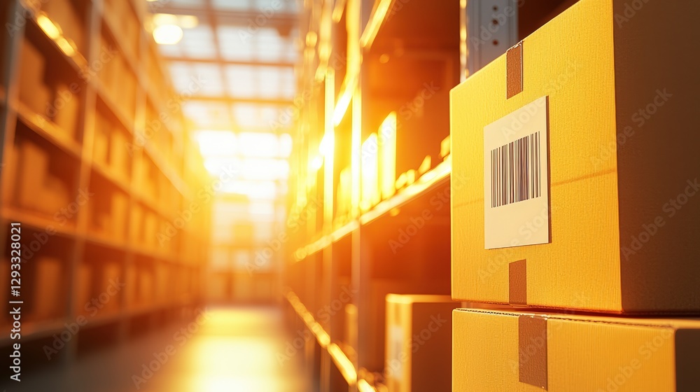 A warm-lit warehouse filled with neatly stacked boxes, featuring a visible barcode, highlighting inventory management and logistics.cargo management warehouse scheduling A warm-lit warehouse filled with neatly stacked boxes, featuring a visible barcode, highlighting inventory management and logistics.cargo management warehouse scheduling