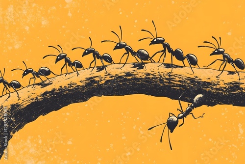 Ants line up and march on the tree trunk