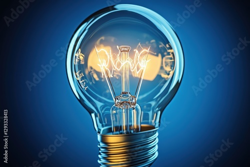 Glowing incandescent light bulb on a blue background, symbolizing creativity and bright ideas.