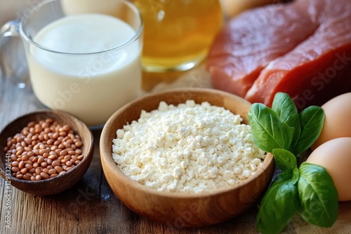 Selection of high-protein foods: cottage cheese, milk, eggs, beans, and raw meat.