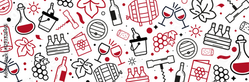 Pictogrammes vectoriels sur le thème du vin en noir et rouge – Feuille de vigne, bouteille, verre, barrique, grappe de raisin, bouchon de liège, sommelier, dégustation, vignoble, cave à vin - Icônes