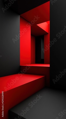 Minimalist abstract 3D architecture with red and black geometric shapes.