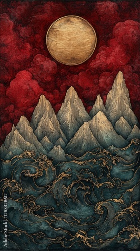 Fantasy landscape with mountains, waves, and a golden moon in a red sky.