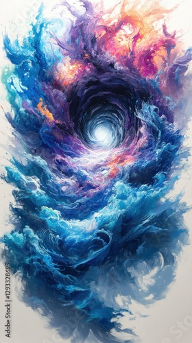 Abstract cosmic vortex painting with swirling blue and fiery hues.