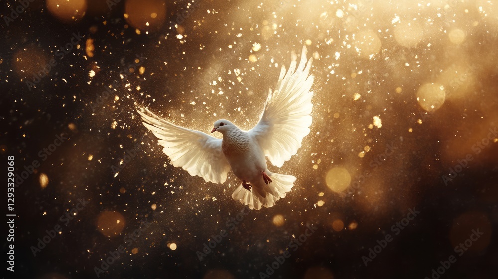 Fototapeta premium a white dove soaring with outstretched wings in a golden, glowing light.