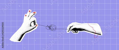 black tangled line and halftone effect arm. concept hand unravels the ball of thoughts chaos in the head. trendy vector collage elements illustration. vibrant teenage concept.