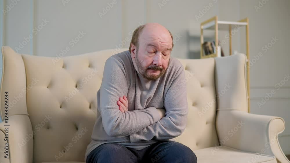 Middle-aged man sitting thoughtfully on a beige couch in a light room Middle-aged man sitting thoughtfully on a beige couch in a light room