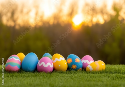Colorful Easter Eggs on Green Grass with Sunset Background