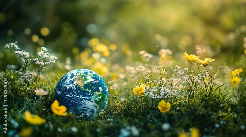EARTH Day,A Small, Detailed Globe of the Earth Nestled in Lush Green Grass with Vibrant Flowers Blooming Around It Under Warm Sunlight ,easter eggs in grass EARTH Day,A Small, Detailed Globe of the Earth Nestled in Lush Green Grass with Vibrant Flowers Blooming Around It Under Warm Sunlight ,easter eggs in grass