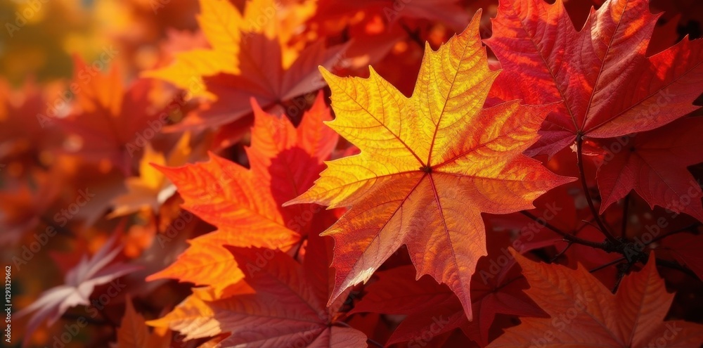 Fototapeta premium Pile of vibrant maple leaves in sunlight, showing rich color variation, nature photography, photography, detail