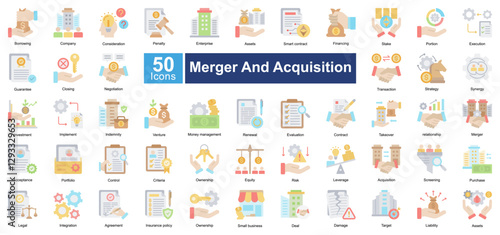 Merger and Acquisition icon set in Flat Color style, featuring 50 icons of investment, negotiation, strategy, and business takeover. Perfect for corporate finance, legal, and business planning.