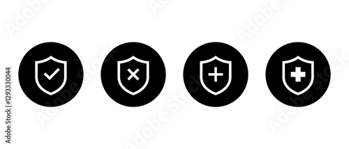 Safe, unsafe, and health badge icon on black circle. Shield with check mark, x cross and plus sign symbol