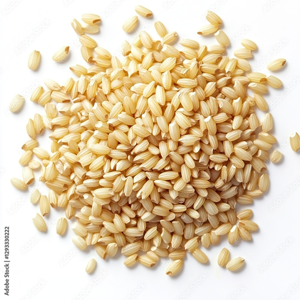 Brown rice, uncooked and hulled, isolated on white, top view isolated on white background Brown rice, uncooked and hulled, isolated on white, top view isolated on white background