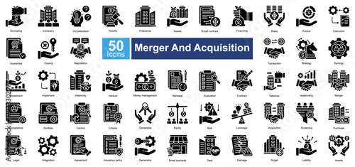 Merger and Acquisition icon set in Glyph style, featuring 50 icons of investment, negotiation, strategy, and business takeover. Perfect for corporate finance, legal, and business planning.