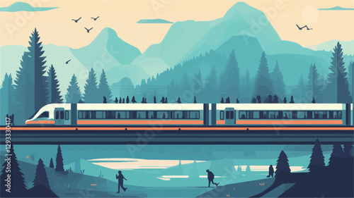A stylized vector illustration depicting a modern passenger train traversing a bridge over a tranquil body of water, set against a backdrop of a mountainous landscape.  The color palette is