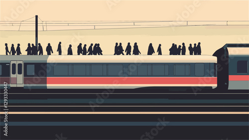 A stylized vector illustration depicting the side view of a commuter train.  The train is rendered in a minimalist style with flat colors: predominantly red, white, and gray. Passengers are