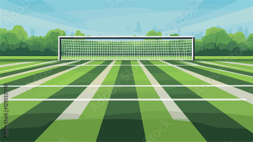 A digital illustration depicting a soccer field with a goal in the center. The field is rendered in shades of green, with distinct white lines marking the playing area. The goal is centrally