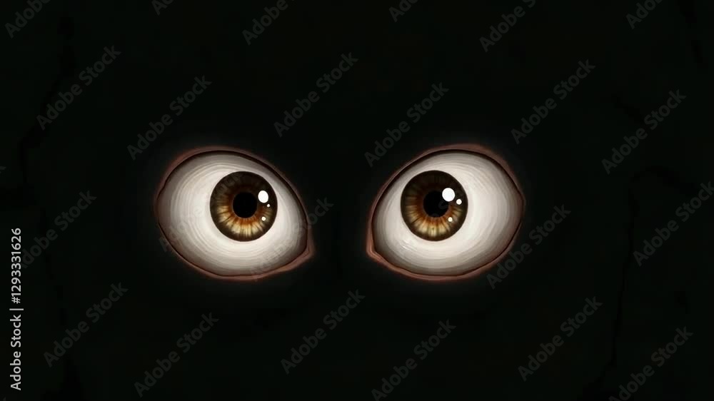The image shows a pair of large eyes on a black background, looking and blinking straight ahead.